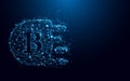 Abstract Bitcoin form lines and triangles, point connecting network on blue background