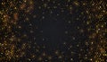 Abstract black background with a combination glowing golden dots. Circle black textured background with shining golden halftone