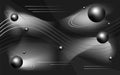 Elegant abstract black background with 3d spheres and circles. Outer space with waves, stripes, space for text.