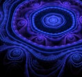 Abstract black background with ornamented relief. Dark blue, turquoise and purple concentric texture. Distorted scientific
