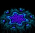 Abstract black background with ornamented relief. Peacock colored scientific digital star. Green, blue, turquoise and purple text