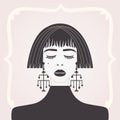 Abstract black beautiful lady looking down with short hair, bangs and big dangling earrings on pink