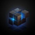 Abstract black cube with blue light