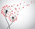 Abstract black dandelion silhouette with hearts, flying seeds of love dandelion - for stock