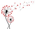 Abstract black dandelion silhouette with hearts, flying seeds of love dandelion - vector