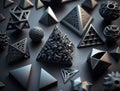 Abstract black geometric background Various pyramides shapes Flat lay created with Generative AI technology