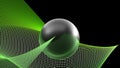 Abstract black glossy sphere over a green curved grid surface - 3D rendering illustration
