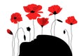 Abstract black head silhouette and red poppies. Drug addiction danger concept. Flat cartoon style