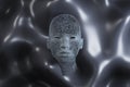 Abstract black human head on wavy background. Future, robotics and artificial intelligence background.