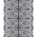 Abstract black lace texture pattern on white background for textile. Vertical seamless ribbon. Crocheted thin fabric made of yarn