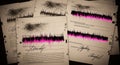 Abstract black and pink waveform pattern on worn vintage papers arranged in overlapping scattered composition with cursive text Royalty Free Stock Photo