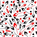 Abstract black and red vector seamless pattern on white background. Love hearts. Paisley flowers. Geometric abstract shapes, Royalty Free Stock Photo