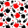 Abstract black and red vector seamless pattern on white background. Tulips flowers. Geometric abstract shapes, circles, polka dots Royalty Free Stock Photo