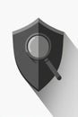 Abstract black shield icon magnifying glass overlay symbolizing investigative cybersecurity privacy analysis advanced data