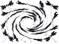 Abstract black and white background, black dragonflies fly out in a spiral