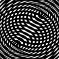 Abstract black and white background. Optical illusion of distorted surface. Twisted stripes. Stylized 3d tunnel.