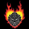 Abstract Black And White Color Low Polygon Lion Head On Burning Flames