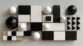 Abstract Black and White Geometric Composition 3D Render of Cubes and Spheres Royalty Free Stock Photo
