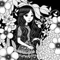 Abstract black and white graphics, portrait of a girl, printable digital art, ink drawing, flowers background