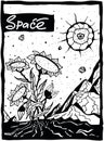 Vector illustration, alien landscape with alien flowers