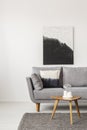 Black and white painting on empty white wall with wooden coffee table with candles and grey sofa with pillow