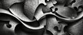 Abstract black and white puzzle pieces arranged in a wave-like formation, creating a complex and intricate design