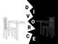 Abstract black and white vector of a divided wooden dining table and two chairs depicting a divorce Royalty Free Stock Photo