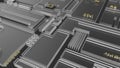 Abstract block diagram of a microchip, futuristic glass tech background