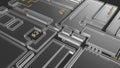 Abstract block diagram of a microchip, futuristic glass tech background
