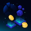 Abstract Blockchain Illustration. Coins, Cubes, Graphs on the Gradient Background Royalty Free Stock Photo
