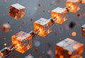 Abstract blockchain network with glowing orange cubes connected by chains Royalty Free Stock Photo