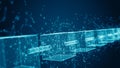 Abstract blockchain network visual with interconnected digital blocks, representing secure data transactions, decentralized