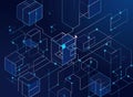 Abstract Isometric Blue Blockchain Technology Background with Connected 3D Data Cubes and Digital Network Lines Royalty Free Stock Photo