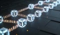 Abstract blockchain technology background with flowing binary code representing a decentralized data network and cryptography Royalty Free Stock Photo