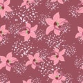 Abstract bloom seamless pattern with hand drawn random pink orhid flowers shapes. Background with splashes