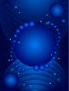 Abstract blue background with geometric shapes, 3d spheres, circles, stars, waves.