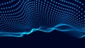 Abstract blue background of moving particles. Futuristic dotted 3D wave. Big data. Vector illustration