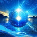 abstract blue background with star and sun rays and lens flare illustration generative AI Royalty Free Stock Photo