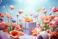 Abstract blue background with surreal flowers and gift boxes. Valentines Day, Mothers Day. Banner.