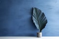 Abstract blue banana leaf in minimalist interior background. Generative AI