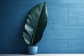 Abstract blue banana leaf in minimalist interior background. Generative AI