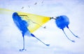 Abstract blue bird catches a moth in the light of a flashlight that shines another bird. Watercolor illustration