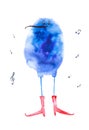 Abstract blue bird in red boots sings a song. Comic watercolor illustration isolated on white background