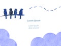 Abstract blue birds on a brunch. Abstract figures and clouds and lorem ipsum, watercolor illustration for business cards, banners