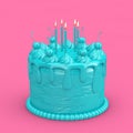 Abstract Blue Birthday Cartoon Dessert Cherry Cake with Candles in Duotone Style. 3d Rendering