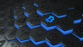 Abstract blue bitcoin cryptocurrency with blockchain network connection in blockchain conceptual 3d illustration