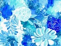 Abstract blue bloom floral pattern background. Painting blossom garden flowers and leaf. Generative AI Royalty Free Stock Photo