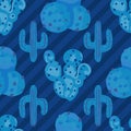 Abstract blue cactus seamless pattern design on blue background with stripes