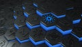Abstract blue Cardano coin cryptocurrency with blockchain network connection in blockchain conceptual 3d illustration