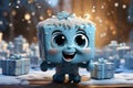 Cartoon, smiling blue gift box with a bow with snowflakes.Holiday gifts. generated AI